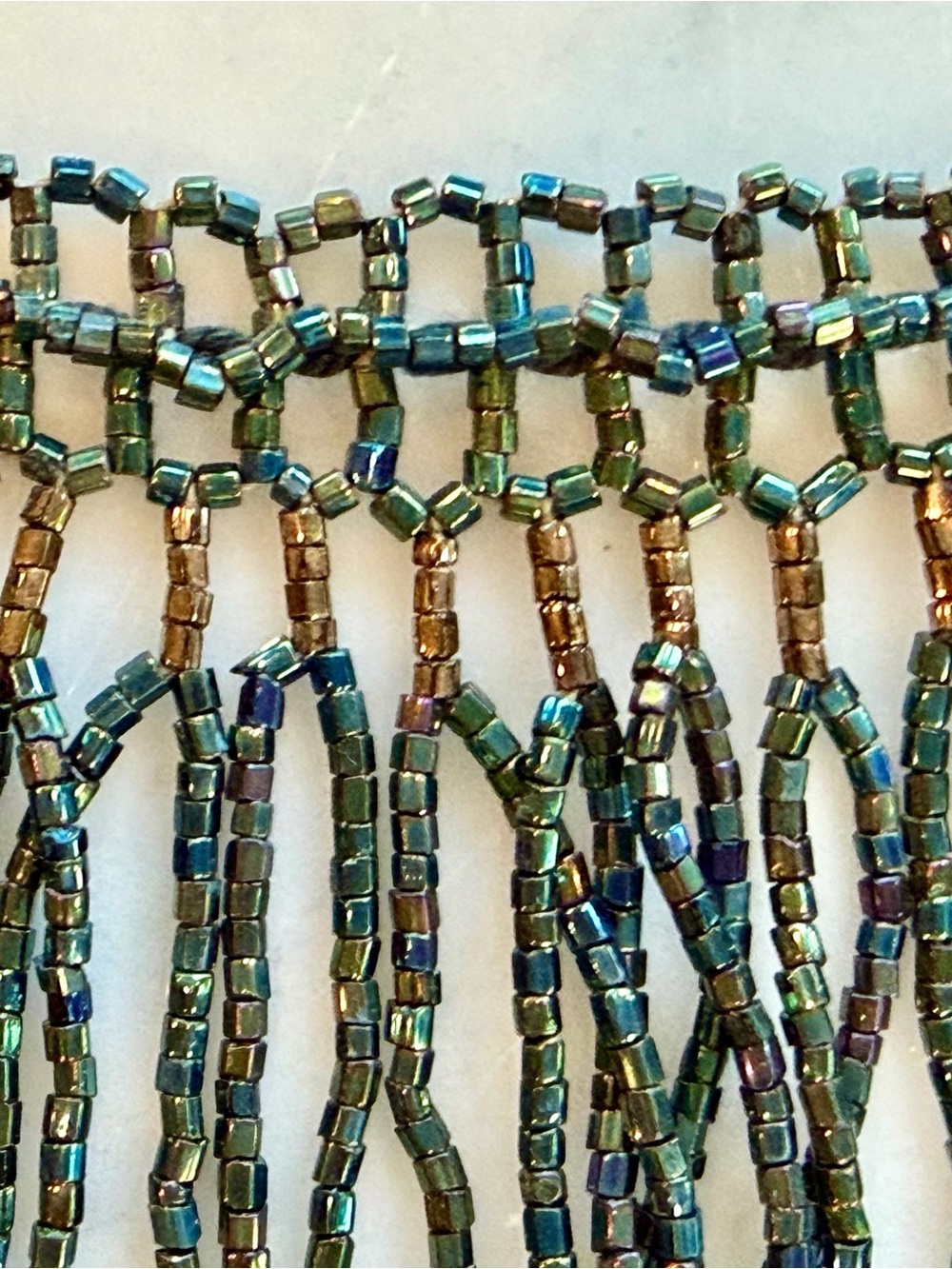 Handcrafted Iridescent Beaded Fringe Collar Necklace, green/gold, EUC - Picture 10 of 12